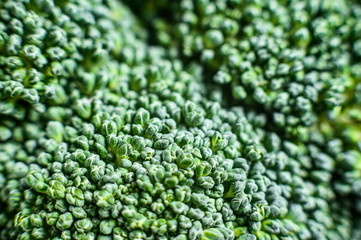 Fresh broccoli in a wooden bowl. Close-up shot. Black background. Top view. Space for text.