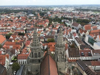 Fototapeta na wymiar View to the Ulm city from above (bird-eye) form Ulmer Münster (Ulm Munster) Munsterplatz (Münsterplatz)