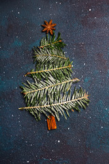 Christmas decoration with copy space for your text. Christmas tree. Arrangement of fir branches, cinnamon and anise on dark background