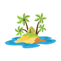 Tropical island with the foliage hut surrounded by palm trees. Vector illustration in flat cartoon style.