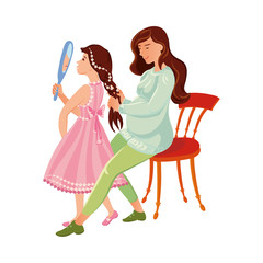 The pregnant mother combs her daughter s hair. Vector illustration in flat cartoon style.