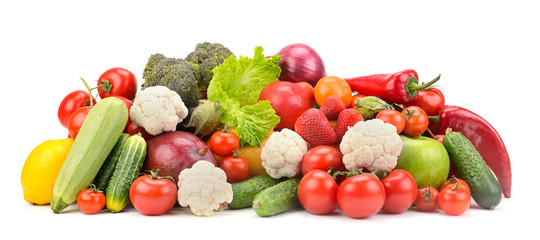 Fresh ripe healthy fruits and vegetables isolated on white