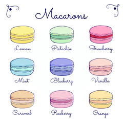 Set of colorful macarons with names of fillings. Delicious dessert food. Isolated vector illustration on white background. Hand drawn sketch. Сan be used for flyers, recipes , greeting cards, posters.