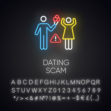 Dating scam neon light icon. Online romance fraud. Fake dating service. False romantic intentions. Confidence trick. Glowing sign with alphabet, numbers and symbols. Vector isolated illustration