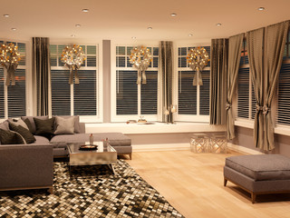 Living room interior with Christmas wreath on windows, sofa, lanterns. 3D rendering.