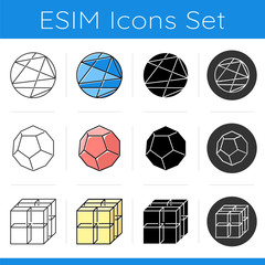 Geometric figures icons set. Lines enclosed in sphere. Dodecahedron. Cube with grid. Abstract shapes. Isometric forms. Flat design, linear, black and color styles. Isolated vector illustrations