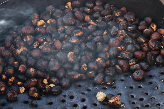 Roasted chestnut in autumn in Barbagia, Belvì, Sardinia, Italy