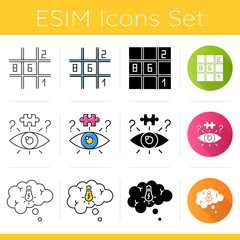 Puzzles and riddles icons set. Sudoku. Riddle solving process. Thought bubble. Logic games. Mental exercise. Brain teaser. Flat design, linear, black and color styles. Isolated vector illustrations
