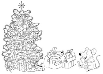 New Year 2020. Christmas. Year of the Rat. Coloring page. Christmas card.  Cute and funny cartoon characters.