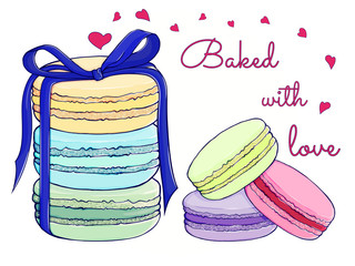 Macaroons tied with a blue ribbon on a white background with hearts, in pastel colors. Valentine day. Sweet delicious dessert food. Isolated vector illustration. Hand drawn sketch. Separate objects.