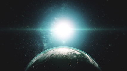 Earth night day transition sunrise world skyline. Realistic planet rotating from space. Sun flare. 3d render animation. Science and technology concept. Elements of this media furnished by NASA