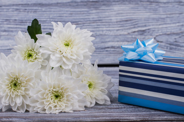 Fototapeta na wymiar Beautiful flowers and gift box. White chrysanthemums bouquet and blue gift box on wooden background. Happy Mothers Day.