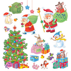 New Year 2020. Christmas. Year of the Rat. Coloring page. Christmas card.  Cute and funny cartoon characters.