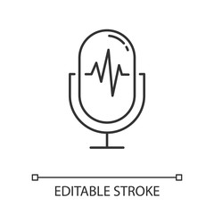 Modern voice recorder linear icon. Microphone idea. Sound recording equipment. Portable mic.Thin line illustration. Contour symbol. Vector isolated outline drawing. Editable stroke