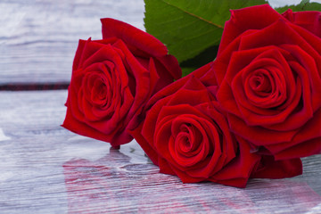 Red roses on wooden background. Valentines Day background with fresh flowers. Romantic floral background.