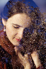 woman double exposure face portrait in autumn tree yellow. Sensual 