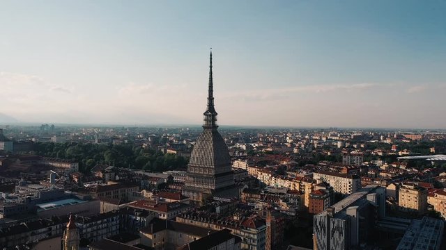 Drone flight over the center of Turin in Italy