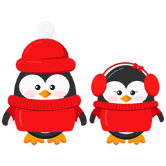 Cute penguin boy and girl couple set in warm winter clothes
