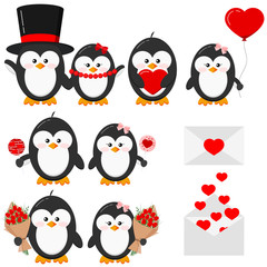 Cute lovely penguin boy and girl couple in love set isolated on white background Valentine s Day vector illustration.