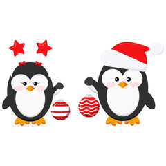 Cute christmas penguin boy and girl couple holds christmas ball isolated on white background