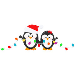Cute christmas penguin boy and girl couple with garland isolated on white background