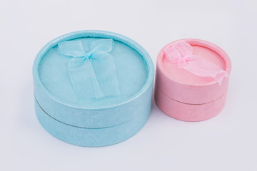 Fashion design jewelry gift boxes. Round turquoise and pink gift box packaging. Womens Day gifts.