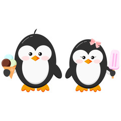 Cute penguins with ice cream vector clip art.