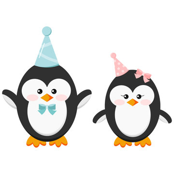 Cute birthday party penguin boy and girl couple set isolated on white background