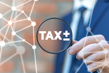 Accountant or financial auditor holds magnifier with tax plus minus icon. Taxes Pay Revenue Calculation Concept.