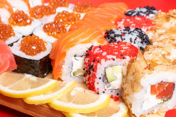Dried tuna breading roll with various fillings. Close-up.