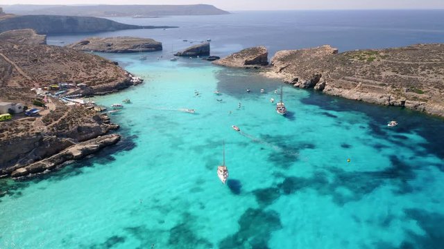 Aerial drone video of Blue lagoon Gozo Malta Comino island. Best beaches of Mediterranean Europe