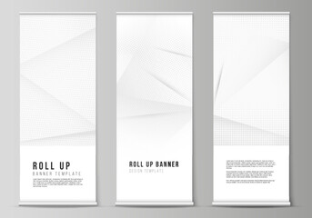 Vector layout of roll up mockup design templates for vertical flyers, flags design templates, banner stands, advertising design. Halftone effect decoration with dots. Dotted pop art pattern decoration
