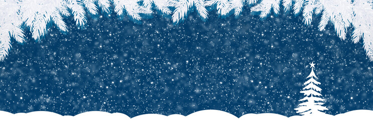 White Christmas tree isolated on snowfall background.
