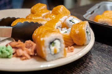 Delivery of rolls at home. Rolls in a box. Sticks.