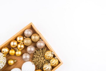 Collection of Christmas decorations isolated on white background. Flat lay, top view. Copy space for your text.