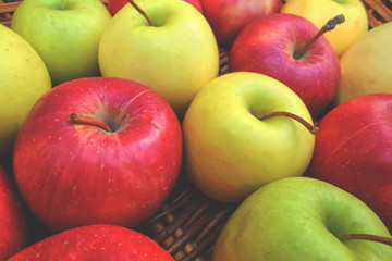 fresh juicy red yellow and green apples lie in a basket
