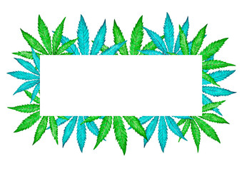 Frame with watercolor green and blue cannabis leaf isolated on white background. Copy space template in IOS format.