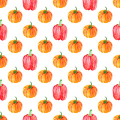 Watercolor seamless pattern with  pumpkin, red peppers on white background. Hand painted vegetables illustration. 