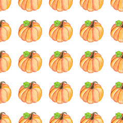 Watercolor seamless pattern with  pumpkins isolated on white background. Hand painted illustration. 