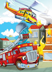 cartoon stage with different machines for firefighting helicopter and fire truck colorful scene illustration for children