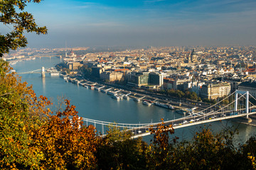 Fototapeta na wymiar Budapest panorama, taken from Gellert Hill in an autumn hazy morning.