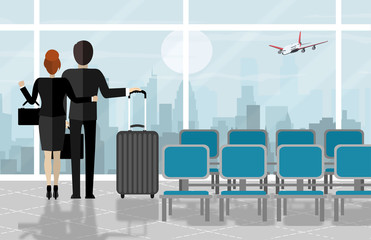 Business man and woman at airport with suitcase, cityscape in background. Travel, vacation, Business trip concept. Vector illustration in flat design.