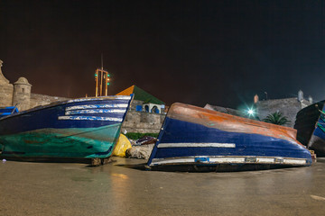 Colorful fishing boats at night in the port of Essaouira Morocco Africa