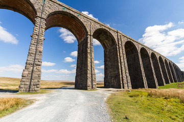 Path leading to sunlit arches of a railway viaduct