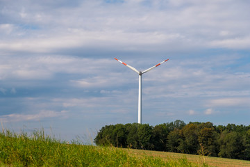 Saarbrucken, Germany - August 31, 2019: Summer landscape with Wind turbine in Saarland, Germany