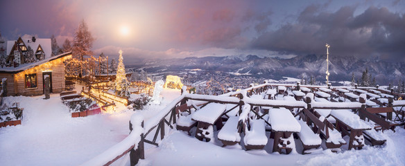 Zakopane at night in the light of the moon.