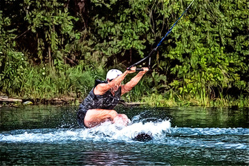 A drawing of a man wakeboarding on river lake sea on summer spring day.