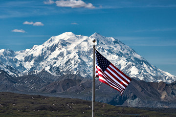 American Flag with Mt Denali (Mt McKinley) in Background