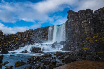 Beautiful Oxararfoss waterfall in sebtember 2019, Thingvellir National Park, Iceland