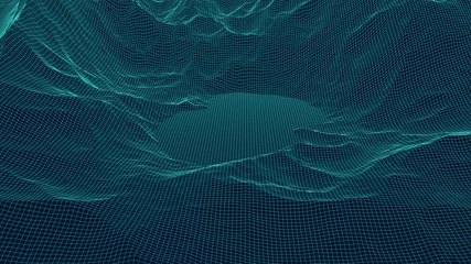 Abwaschbare Fototapete Grün blau Vektor-Drahtmodell-3D-Landschaft mit einem abstrakten See. Abbildung des Technologierasters. Netzwerk verbundener Punkte und Linien.